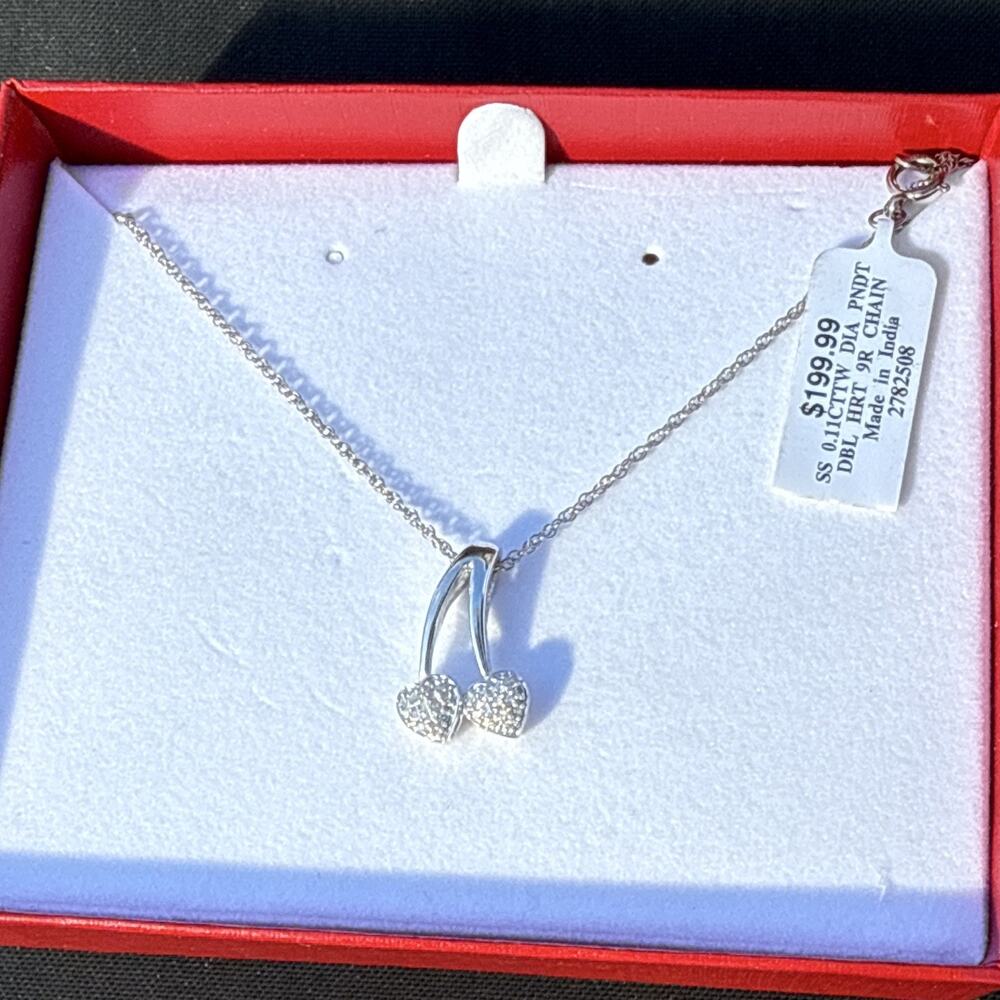 925 Sterling 0.11 CTW Diamond Double Heart Pendant Necklace Cable Chain 18” NIB